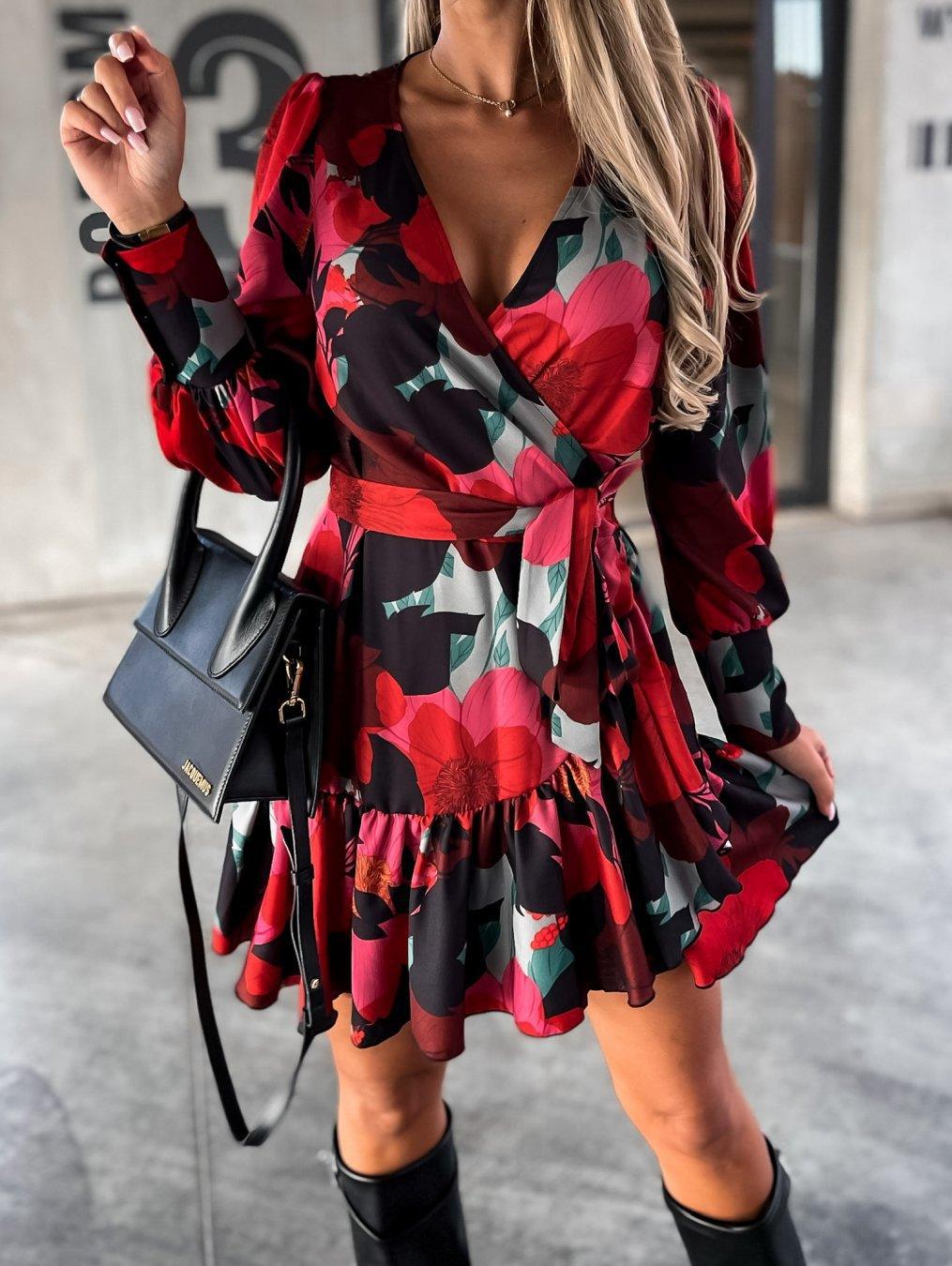 Women's Long-sleeved Fashion Printed Waist-controlled Lace-up Shirt Dress - Nioor