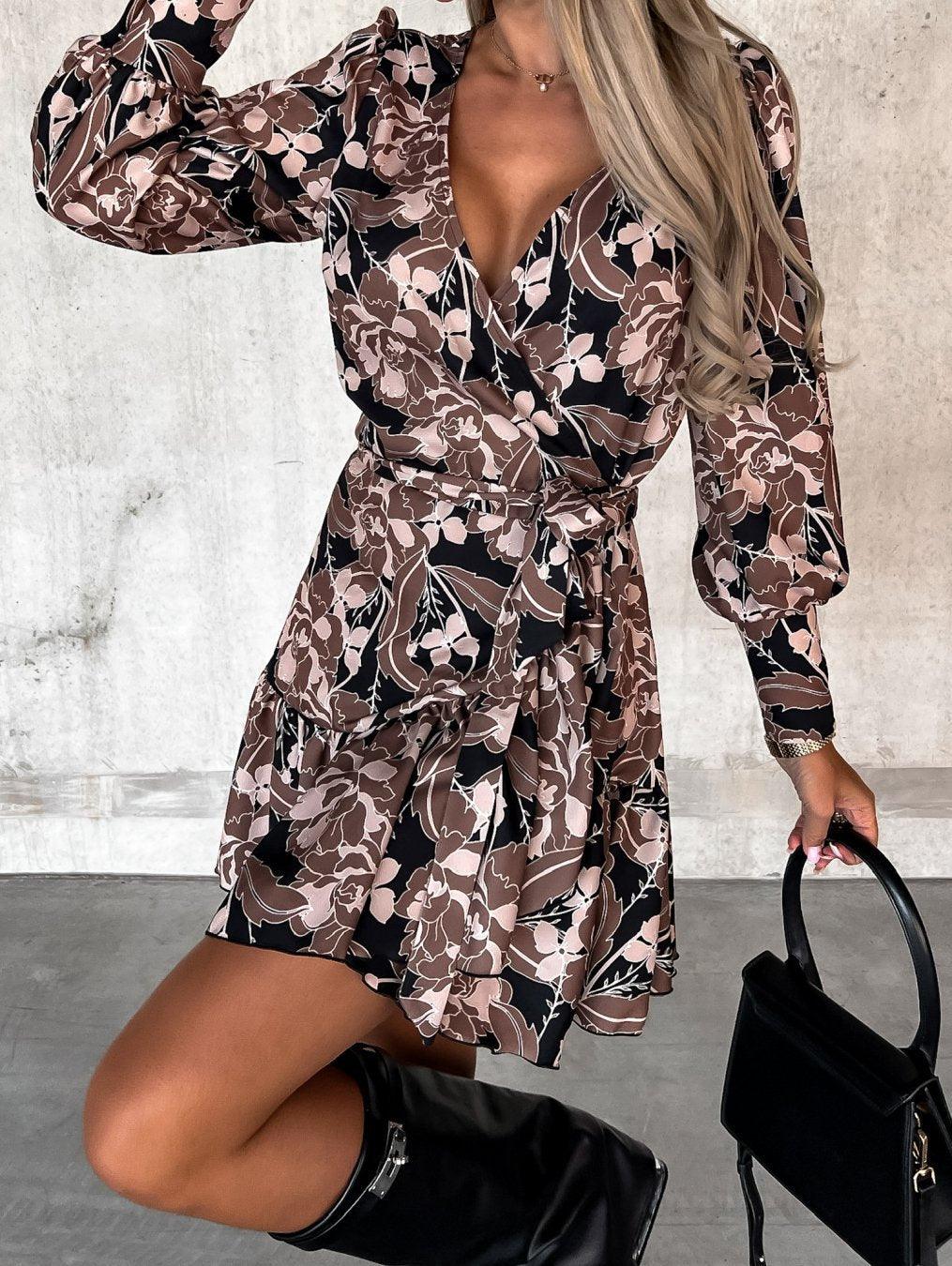 Women's Long-sleeved Fashion Printed Waist-controlled Lace-up Shirt Dress - Nioor