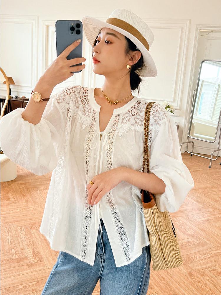 Women's Long Sleeved French White Shirt Top - Nioor