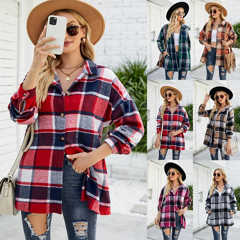 Women's Long-sleeved Plaid Shirt Mid-length Woolen Coat - Nioor