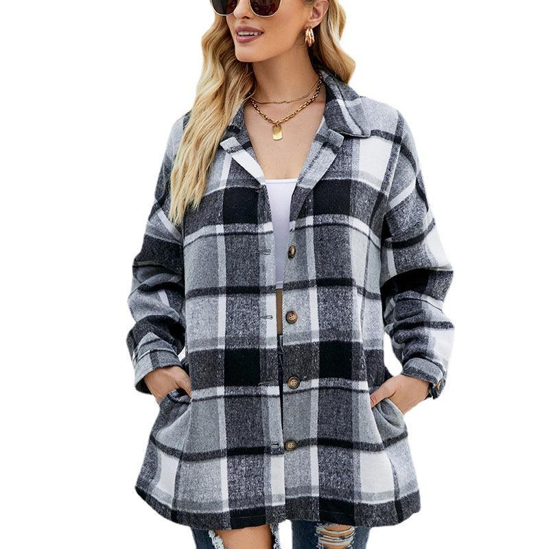 Women's Long-sleeved Plaid Shirt Mid-length Woolen Coat - Nioor