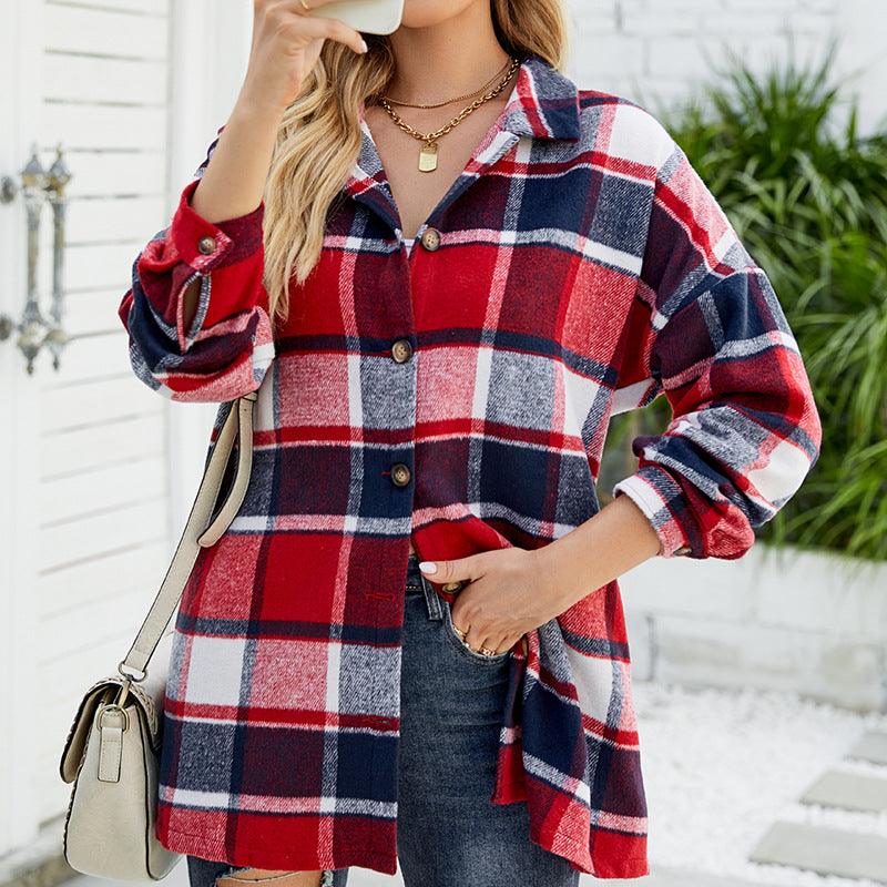 Women's Long-sleeved Plaid Shirt Mid-length Woolen Coat - Nioor