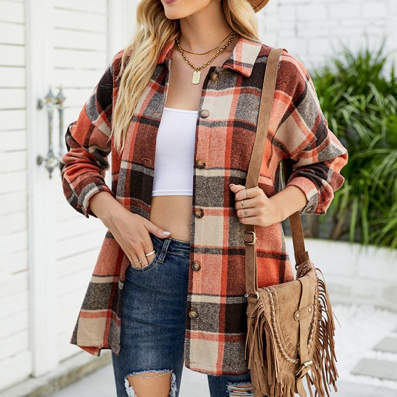 Women's Long-sleeved Plaid Shirt Mid-length Woolen Coat - Nioor