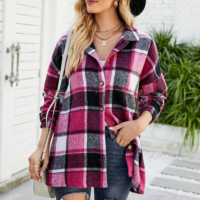 Women's Long-sleeved Plaid Shirt Mid-length Woolen Coat - Nioor