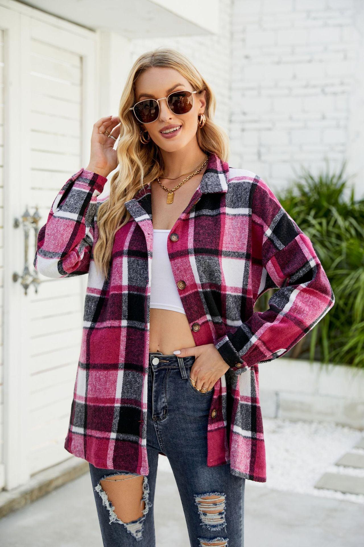 Women's Long-sleeved Plaid Shirt Mid-length Woolen Coat - Nioor