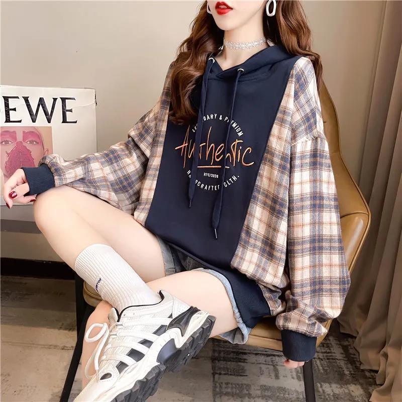 Women's Loose Plaid Stitching Hooded Sweatshirt - Nioor