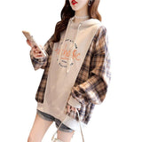 Women's Loose Plaid Stitching Hooded Sweatshirt - Nioor