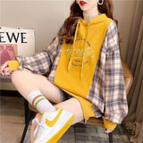 Women's Loose Plaid Stitching Hooded Sweatshirt - Nioor