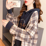 Women's Loose Plaid Stitching Hooded Sweatshirt - Nioor