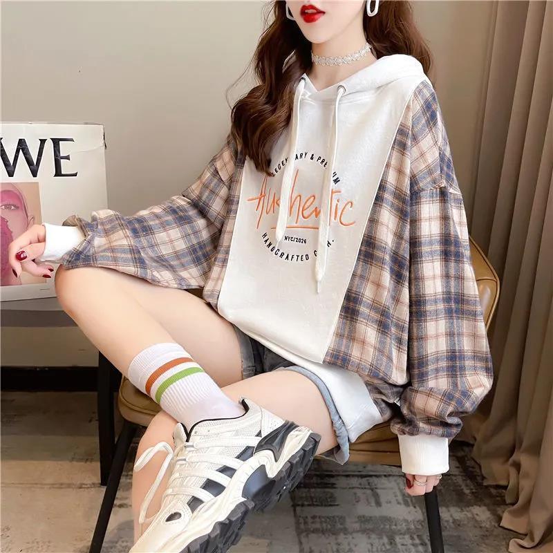 Women's Loose Plaid Stitching Hooded Sweatshirt - Nioor