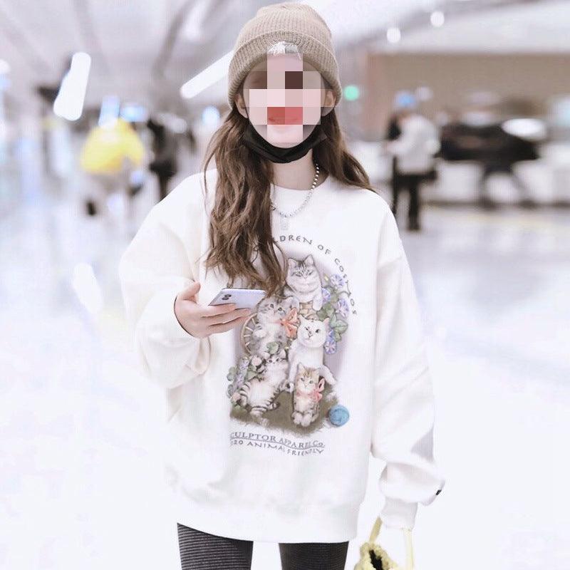 Women's Loose Round Neck Cartoon Mid-length Sweater - Nioor