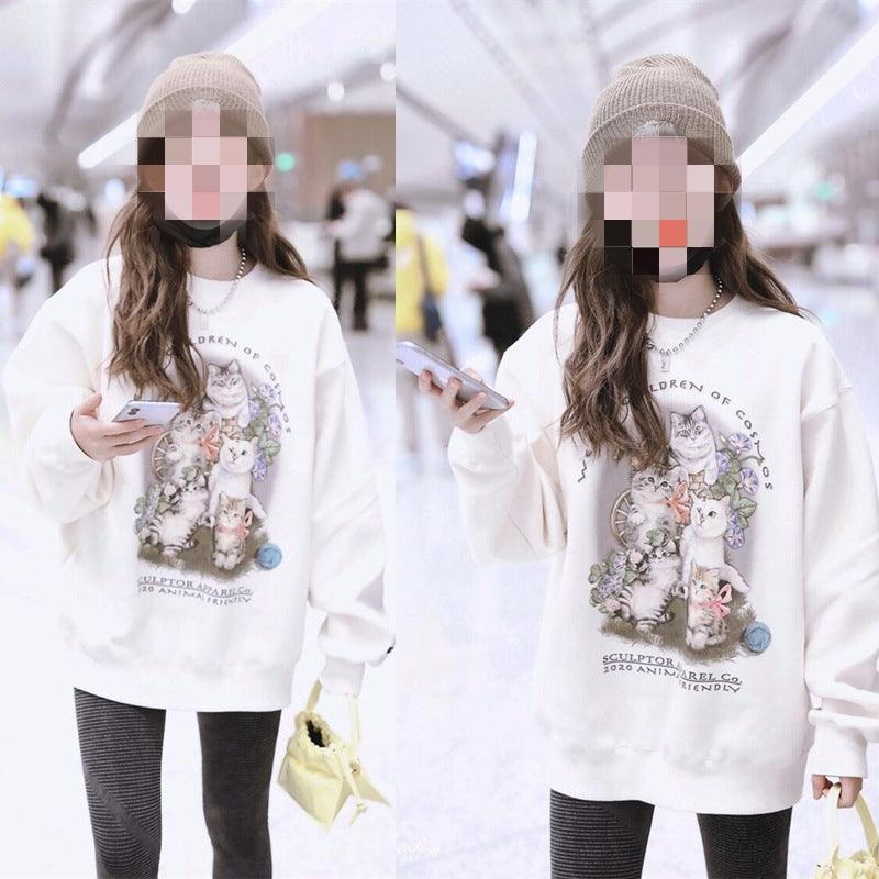 Women's Loose Round Neck Cartoon Mid-length Sweater - Nioor