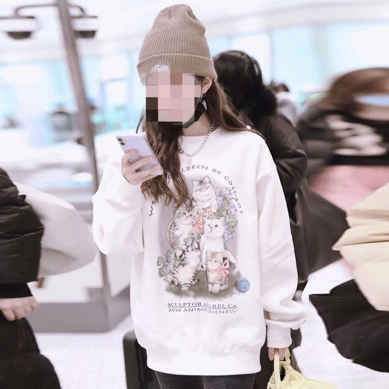 Women's Loose Round Neck Cartoon Mid-length Sweater - Nioor