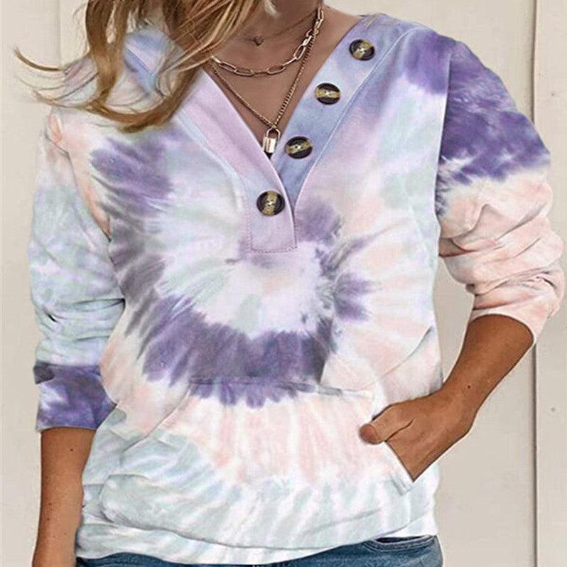 Women's Loose Tie-dyed Printed Button Long-sleeved Sweater - Nioor