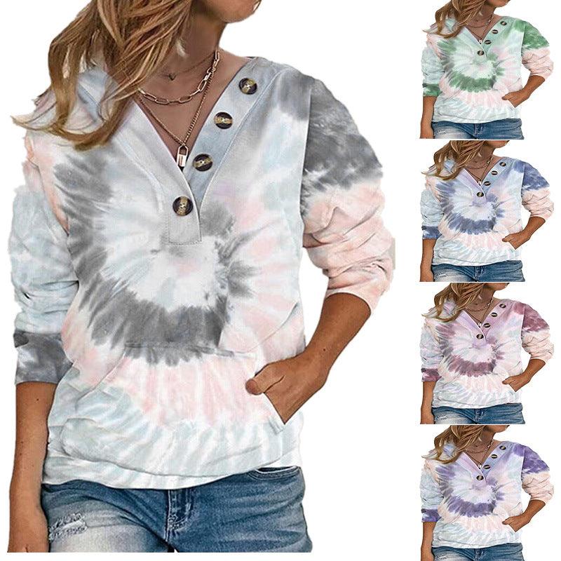 Women's Loose Tie-dyed Printed Button Long-sleeved Sweater - Nioor