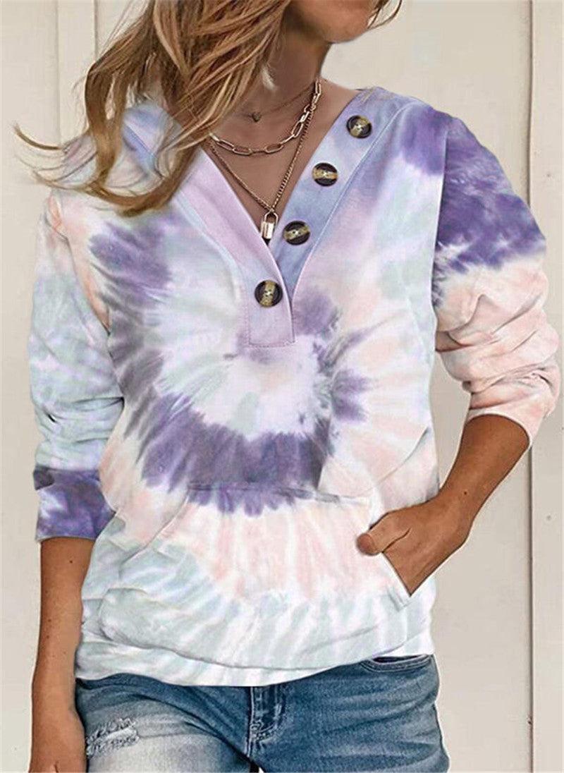 Women's Loose Tie-dyed Printed Button Long-sleeved Sweater - Nioor