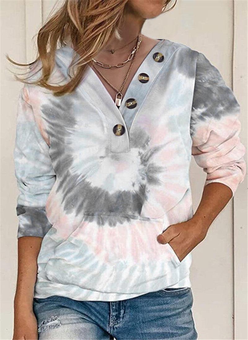 Women's Loose Tie-dyed Printed Button Long-sleeved Sweater - Nioor