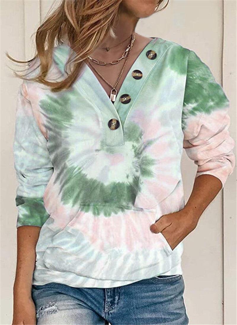 Women's Loose Tie-dyed Printed Button Long-sleeved Sweater - Nioor