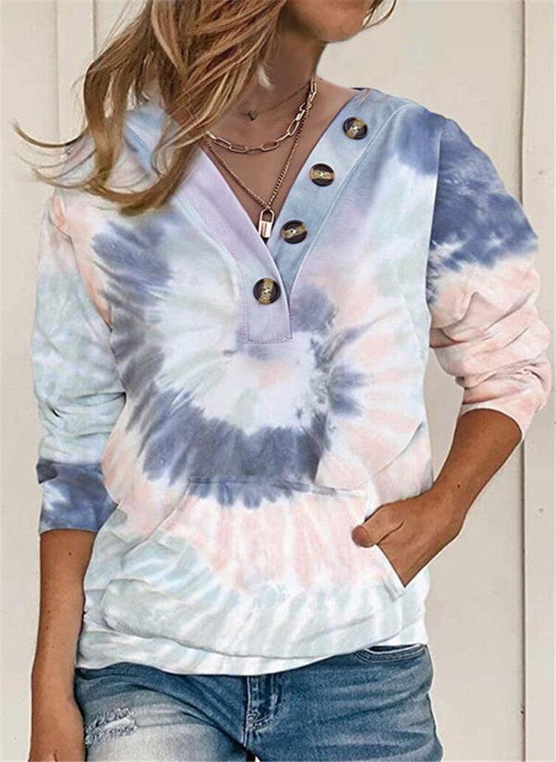 Women's Loose Tie-dyed Printed Button Long-sleeved Sweater - Nioor