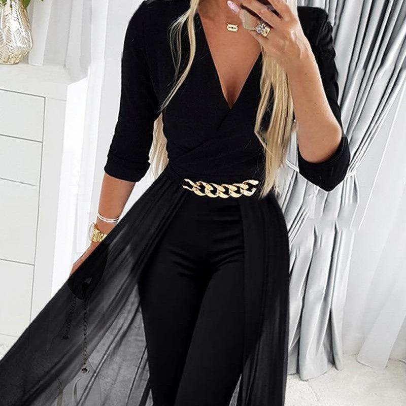 Women's Mesh Patchwork V-neck Jumpsuit - Nioor