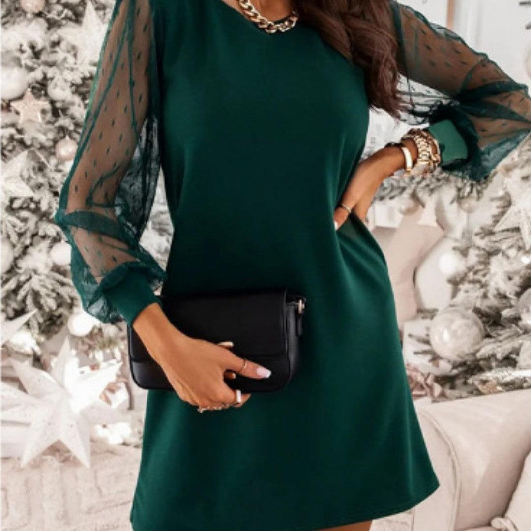 Women's Mesh Stitching Long Sleeves Elegant Dress - Nioor