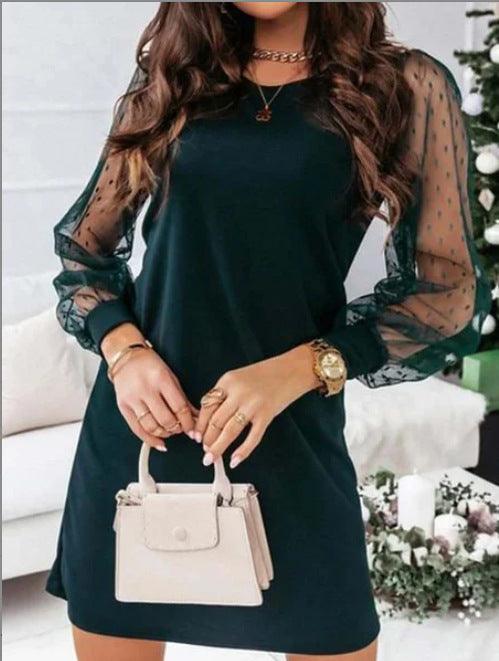 Women's Mesh Stitching Long Sleeves Elegant Dress - Nioor