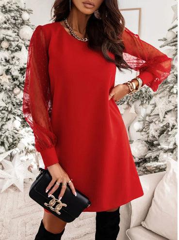 Women's Mesh Stitching Long Sleeves Elegant Dress - Nioor