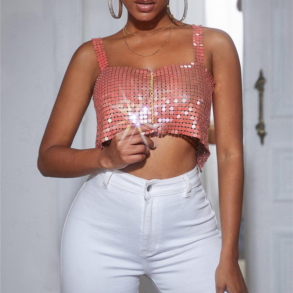 Women's Metal Sequins Chain Strap Tube Top - Nioor