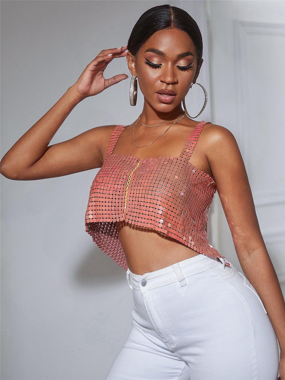 Women's Metal Sequins Chain Strap Tube Top - Nioor