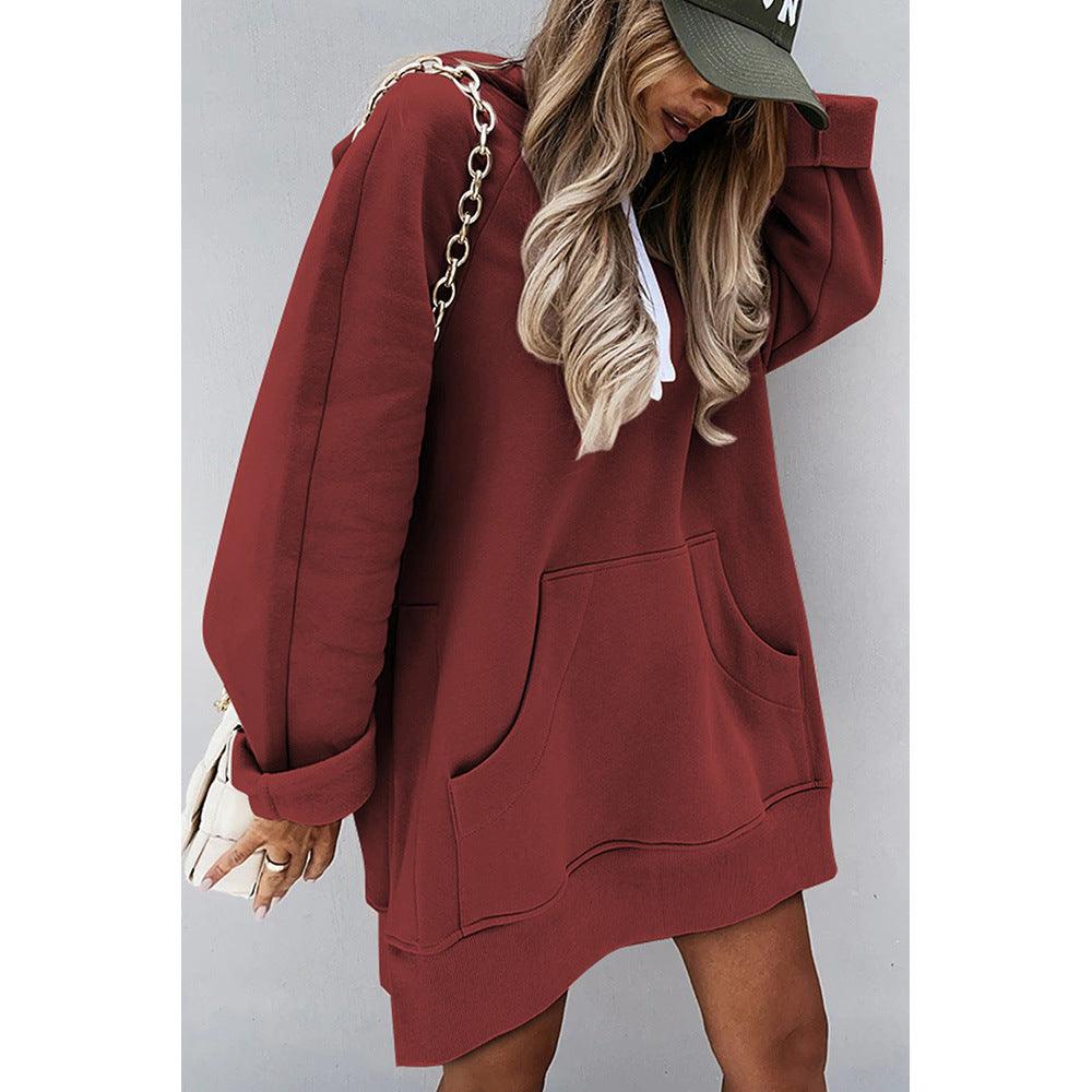 Women's Mid-length Solid Color Hooded Sweater - Nioor