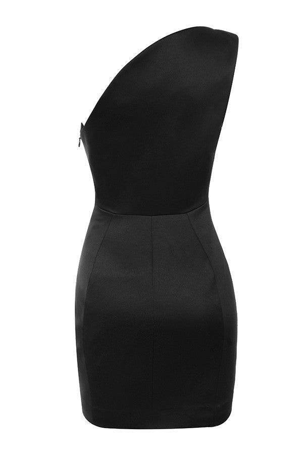 Women's Mid-waist Short Skirt Black Slant-shoulder Dress - Nioor