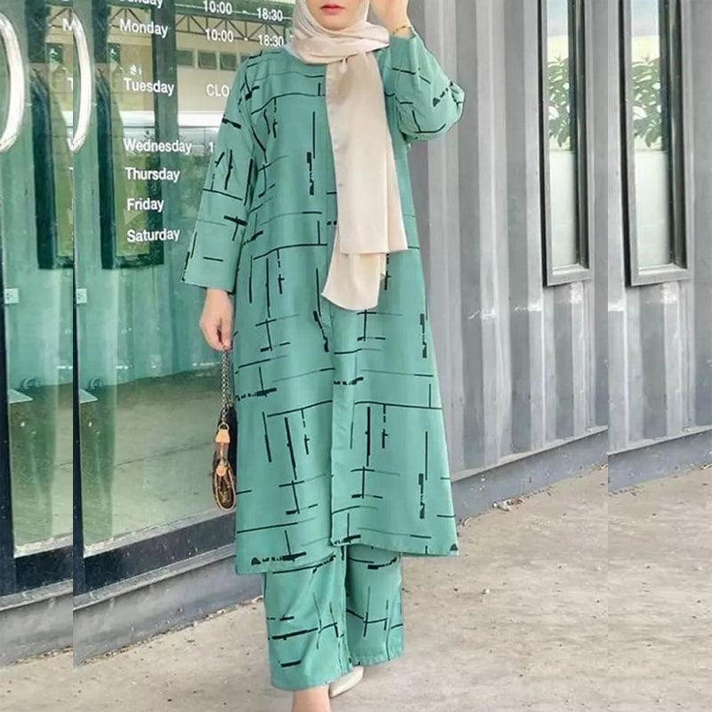 Women's Muslim Print Daily Suit Army Green Fashion Casual Set - Nioor