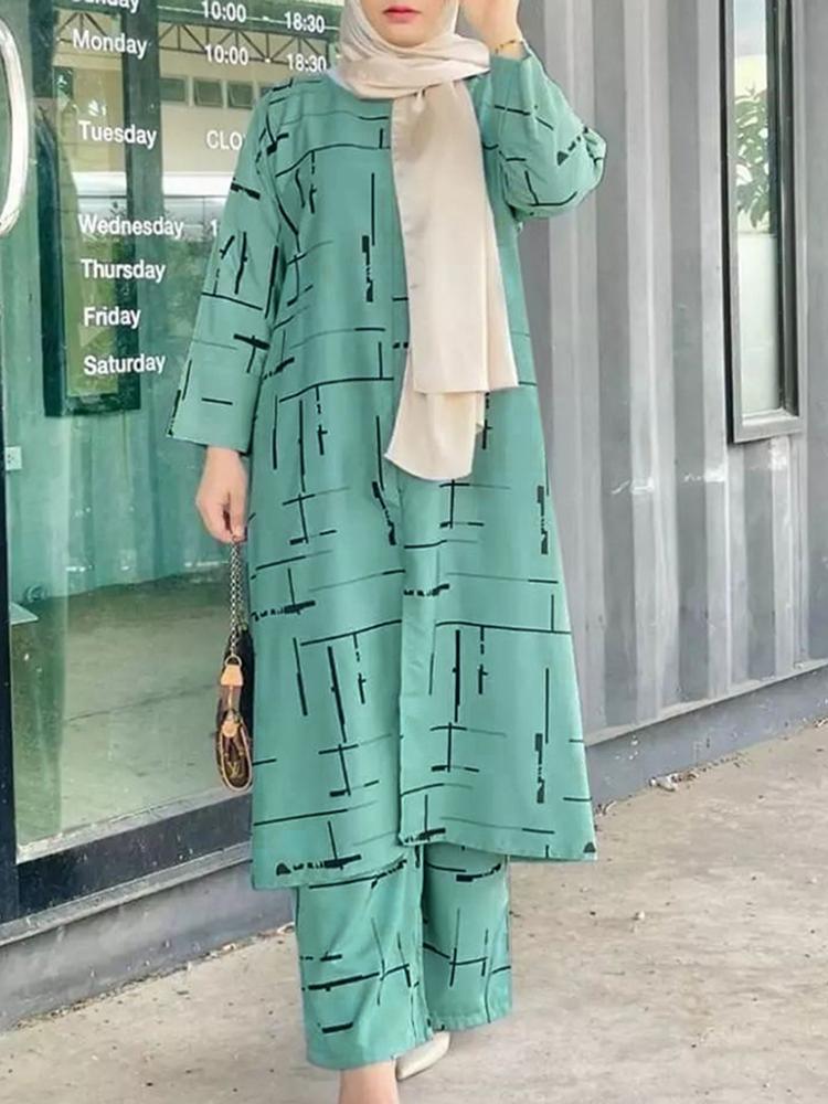 Women's Muslim Print Daily Suit Army Green Fashion Casual Set - Nioor