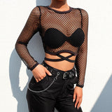 Women's New Mesh Hollow Straps Sexy See-through T-shirt Tops - Nioor