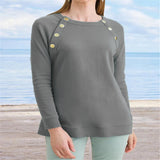 Women's New Metal Button Round Neck Plain Casual Long-sleeved Sweater - Nioor