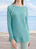 Women's New Metal Button Round Neck Plain Casual Long-sleeved Sweater - Nioor