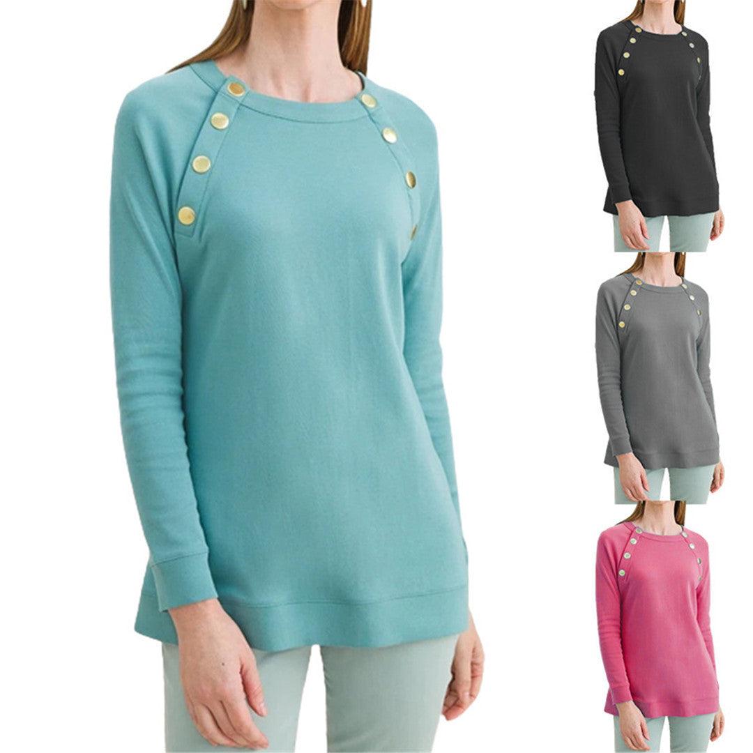 Women's New Metal Button Round Neck Plain Casual Long-sleeved Sweater - Nioor