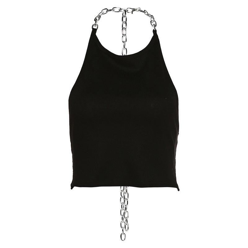 Women's New Product Iron Chain Slim Fit Open Back Hanging Neck Tank Top - Nioor