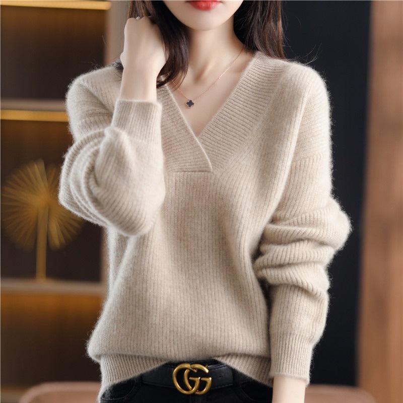 Women's New V Neck Loose Knitted Sweater - Nioor