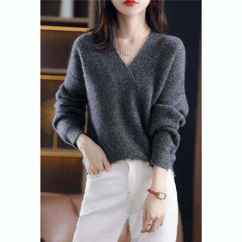 Women's New V Neck Loose Knitted Sweater - Nioor