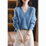 Women's New V Neck Loose Knitted Sweater - Nioor