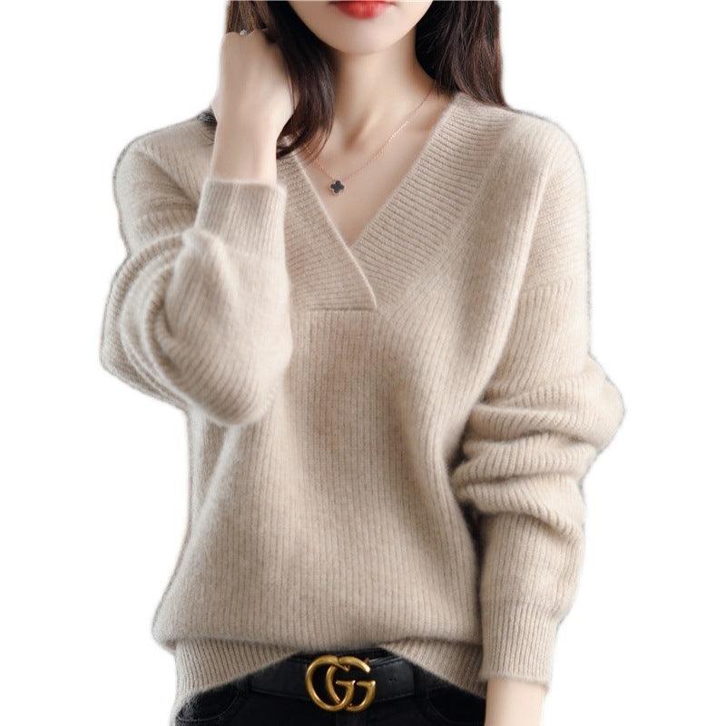 Women's New V Neck Loose Knitted Sweater - Nioor