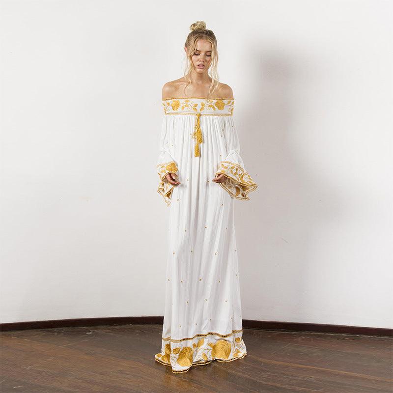 Women's Off-shoulder Flower Embroidered Vintage Dress - Nioor