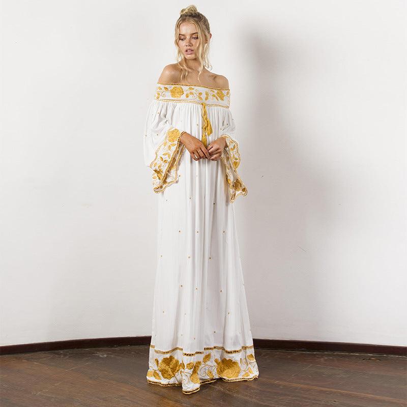 Women's Off-shoulder Flower Embroidered Vintage Dress - Nioor