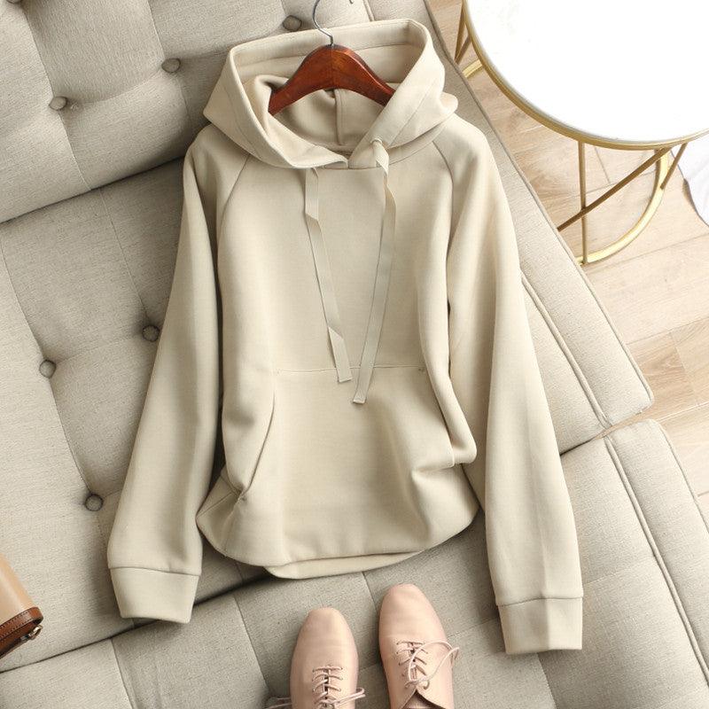 Women's Plain Hooded Drawstring Loose Sweater - Nioor