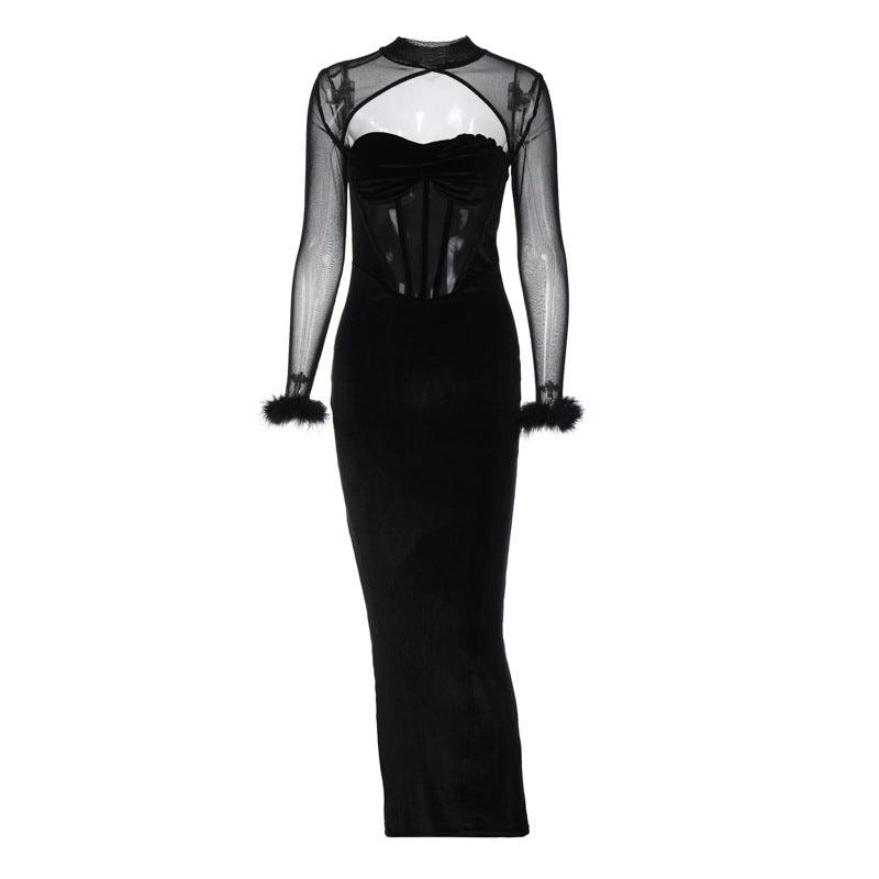 Women's Plush Mesh Stitching Sexy Hollow Dress - Nioor