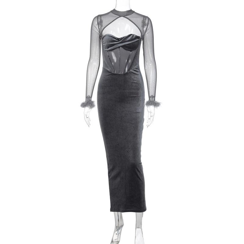 Women's Plush Mesh Stitching Sexy Hollow Dress - Nioor