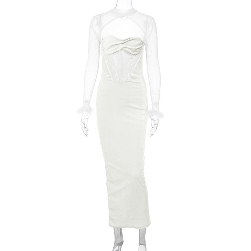 Women's Plush Mesh Stitching Sexy Hollow Dress - Nioor