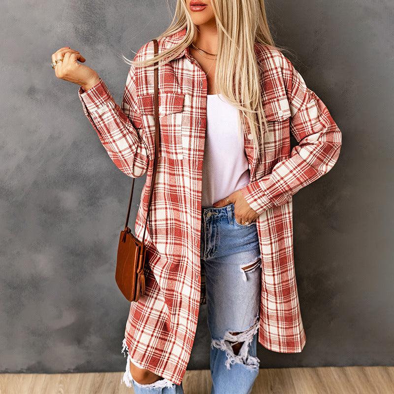 Women's Printed Checks Mid-length Shirt Coat - Nioor