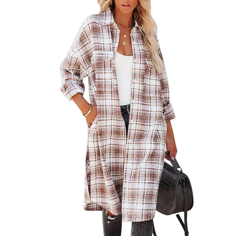 Women's Printed Checks Mid-length Shirt Coat - Nioor